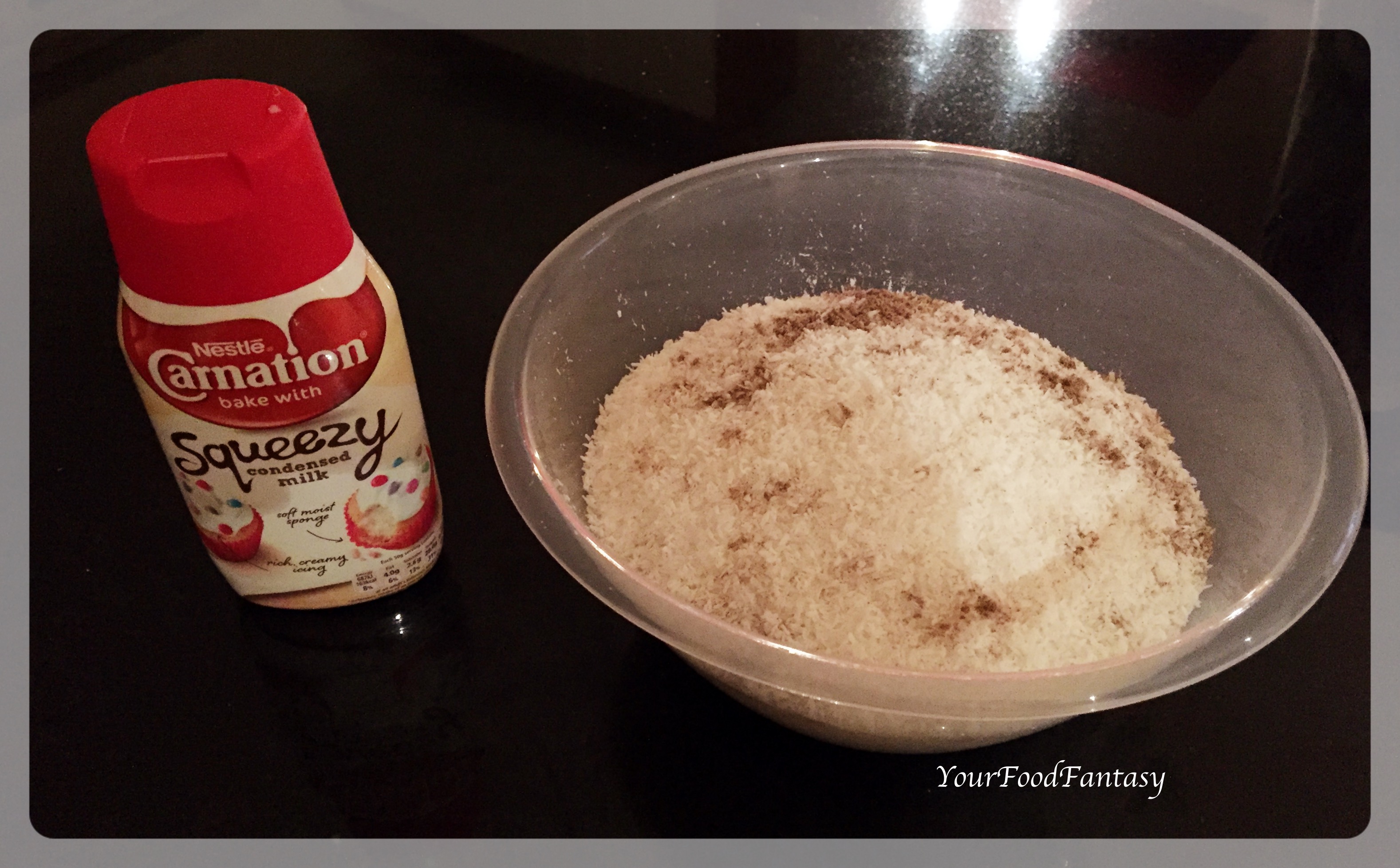 Instant coconut ladoo with desiccated coconut recipe at yourfoodfantasy.com by meenu gupta