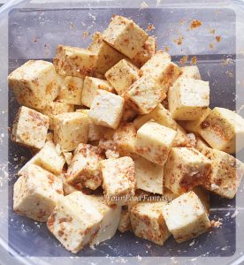 Paneer cubes in masala for chilli paneer at your food fantasy